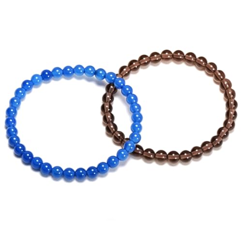 2PCS Agate Bracelet for Women Men Natural Round Beaded Agates Stone Healing Stretch Bracelets Elastic Handmade Polished Gemstone Beads Bracelet - color: Blue+Grey Obsidian, size: 6mm Beads