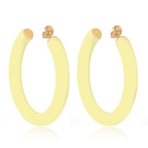 Gold Plated Multicolor Resin Chunky Thick Open Hoop Earrings in 57MM and 37.5MM Diameters - color: Yellow - Pastel - Matte Finish, size: 57MM (2.24") Diameter