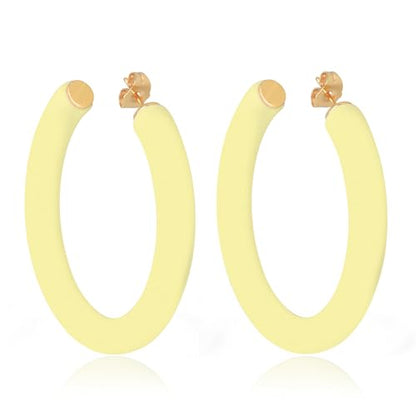 Gold Plated Multicolor Resin Chunky Thick Open Hoop Earrings in 57MM and 37.5MM Diameters - color: Yellow - Pastel - Matte Finish, size: 57MM (2.24") Diameter
