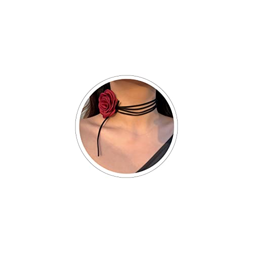 Rose Black Velvet Floral Choker Necklace - Camellia Daisy Rosette - Spring Summer Flower Jewelry - color: Red