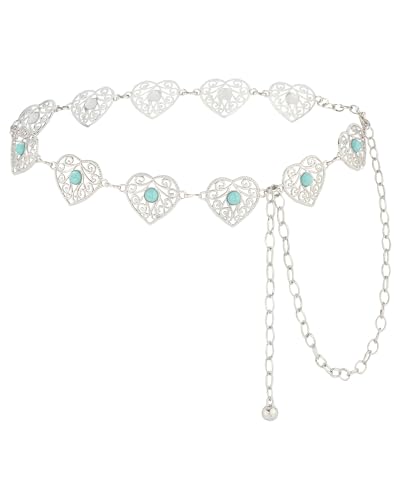 WELROG Metal Waist Chain Belt for Women - Pearls Gold Silver Chain Belts for Dresses Jeans - color: Heart-shaped turquoise (silver)