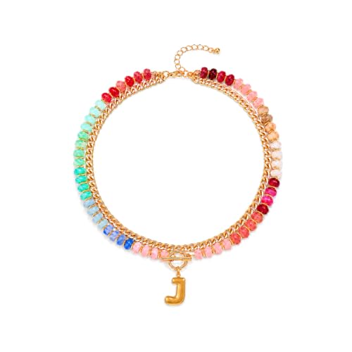 Colorful Beaded Bubble Letter Necklace For Women, Boho Double Layer Dopamine Rainbow Resin Beads Thick Cuban Chain Chunky With Initials Pendant Necklaces Summer Beach Jewelry Gift ﻿ - color: Dop J