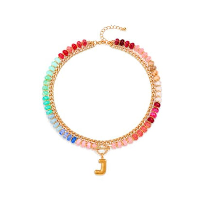 Colorful Beaded Bubble Letter Necklace For Women, Boho Double Layer Dopamine Rainbow Resin Beads Thick Cuban Chain Chunky With Initials Pendant Necklaces Summer Beach Jewelry Gift ﻿ - color: Dop J
