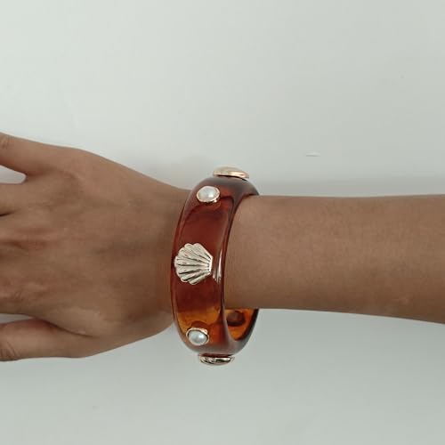 2PCS Chunky Acrylic Bracelet for Women Large Square Resin Cuff Vintage Open Bangle Bracelets Wide Geometric Jewelry - style: M-Shell - Amber