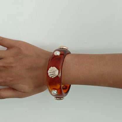 2PCS Chunky Acrylic Bracelet for Women Large Square Resin Cuff Vintage Open Bangle Bracelets Wide Geometric Jewelry - style: M-Shell - Amber