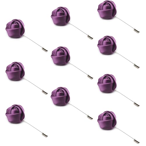 10Pcs Rose Boutonniere Lapel Pin for Men Purple Flower Lapel Pin for Men Suits Handmade Rose Corsage Satin Flower Outfit Accessories Groom Groomsman Wedding Brooch for Husband Brother