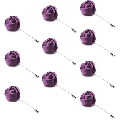 10Pcs Rose Boutonniere Lapel Pin for Men Purple Flower Lapel Pin for Men Suits Handmade Rose Corsage Satin Flower Outfit Accessories Groom Groomsman Wedding Brooch for Husband Brother