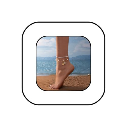 Boho Shell Ankle Bracelet Set for Women Gold Plated Adjustable Anklet Beach Inspired Foot Jewelry with Starfish & Pearl Charms - color: A