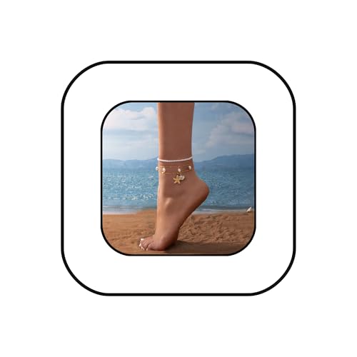 Boho Shell Ankle Bracelet Set for Women Gold Plated Adjustable Anklet Beach Inspired Foot Jewelry with Starfish & Pearl Charms - color: A