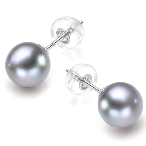 Cultured Pearl Stud Earrings for Women, Sterling Silver Hypoallergenic Gift - color: Gray, size: 8mm