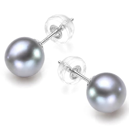 Cultured Pearl Stud Earrings for Women, Sterling Silver Hypoallergenic Gift - color: Gray, size: 8mm