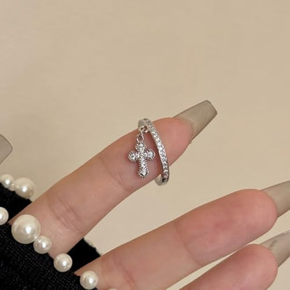 Dangle Little Cross Cubic Zirconia Ring for Women Dainty Crystal Faith Adjustable Open Stacking Promise Eternity Thin Rings Comfort Fit Fashion Wedding Engagement Band Cute Religion Protection Jewelry