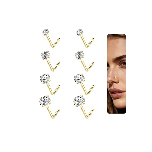 15PCS 14K Gold Plated Nose Rings Studs Set for New Piercing Beginners - color: 8pcs/L-shaped/20G/Gold