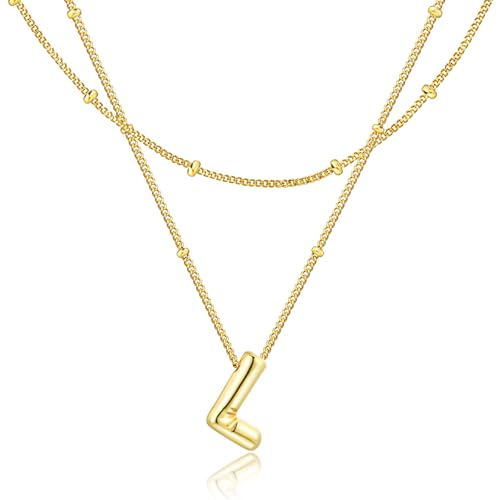 Bubble Letter Necklace for Women, 14k Gold Plated Initial Letter Pendant Necklace Personalized Jewelry A - Z 26 letters - style: Gold-L