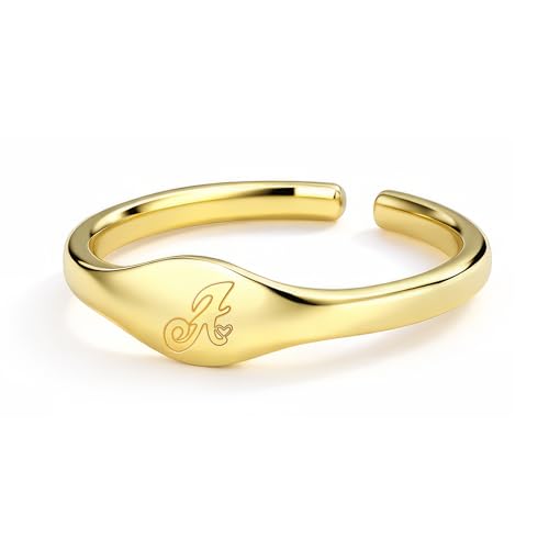 Initial Rings for Women Men - Dainty 14K Gold Plated Signet Rings, Open Adjustable Letter & Heart Ring Jewelry, Christmas Stocking Stuffers Birthday Gifts for Women - style: A'