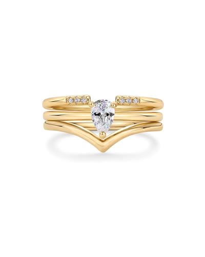 PAVOI 14K Gold Plated Cubic Zirconia & Opal Stackable Rings for Women | Classy Stacking Band with Gemstones, Everyday Jewelry - color: Yellow Gold, size: 5, style: Teardrop CZ