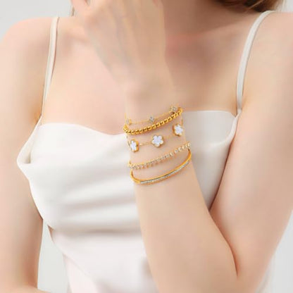 18K Gold Plated Clover Bracelet Set for Women - Four Leaf Lucky Clover Stackable Bracelets, Adjustable Beaded Chain Jewelry, Trendy Birthday Gift for Her