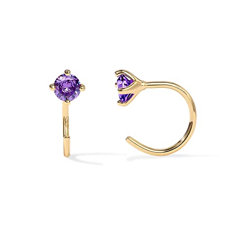 PAVOI 14K Gold 925 Sterling Silver Huggie Half Hoop Earrings for Women | Tiny Boho Colored Cartilage Earring | Blue, Green, Amethyst, Garnet, Black CZ, Turquoise, Opal, Pearl - style: Amethyst