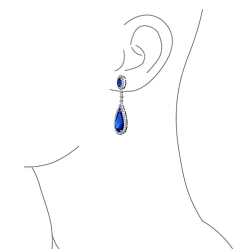 Long Cocktail CZ Halo Teardrop Chandelier Clip On Earrings Silver Plated - color: Blue