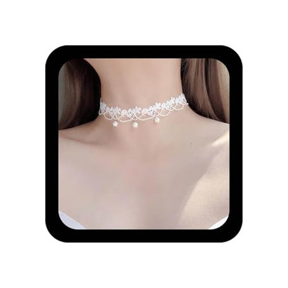 YienDoo Vintage Lace Choker Necklace White Gothic Lace Pattern Punk Tassel White Pearl Beaded Pendant Princess Bridal Lolita Statement Necklace Jewelry For Women