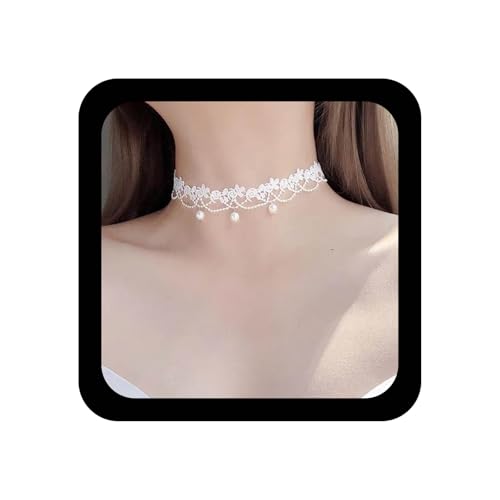 YienDoo Vintage Lace Choker Necklace White Gothic Lace Pattern Punk Tassel White Pearl Beaded Pendant Princess Bridal Lolita Statement Necklace Jewelry For Women