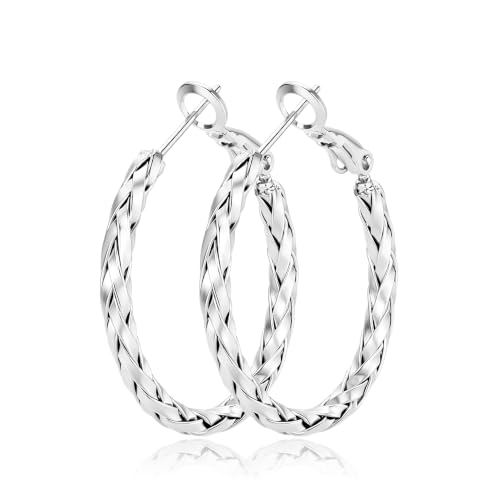 3MM Thin Sterling Silver Hoop Earrings for Women Hypoallergenic | Lightweight Small Silver Hoop Earrings Thin Twisted Hoop Earrings for Sensitive Ears - color: Silver-30MM