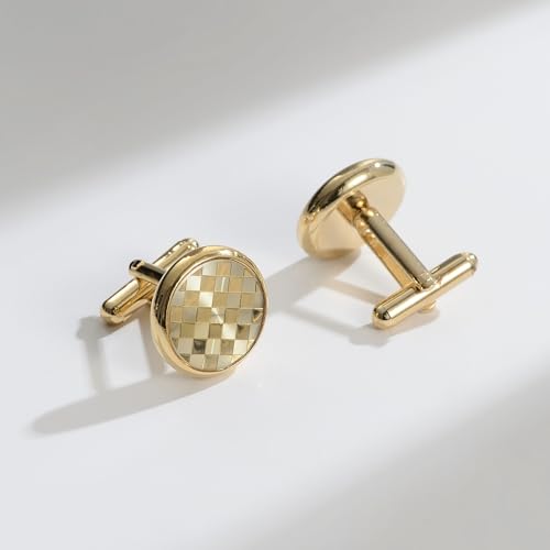 wynameleri Mens Tuxedo Shirt Button and Cuff Links Set, Classic Shirts Cufflink Studs, Formal Business Wedding Jewelry - color: Checkered-Gold