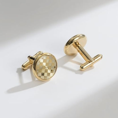 wynameleri Mens Tuxedo Shirt Button and Cuff Links Set, Classic Shirts Cufflink Studs, Formal Business Wedding Jewelry - color: Checkered-Gold