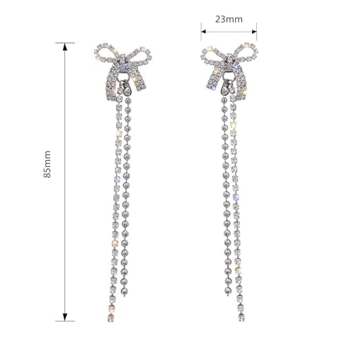 Luxval Rhinestone Earrings Dangling for Women Sparkly Silver Dangle Earrings Girls Long Chandelier Earrings Tassel Lightweight Ear Studs Cubic Zirconia Crystal Statement - color: Silver-Dangle Bow