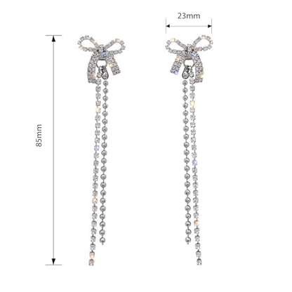 Luxval Rhinestone Earrings Dangling for Women Sparkly Silver Dangle Earrings Girls Long Chandelier Earrings Tassel Lightweight Ear Studs Cubic Zirconia Crystal Statement - color: Silver-Dangle Bow
