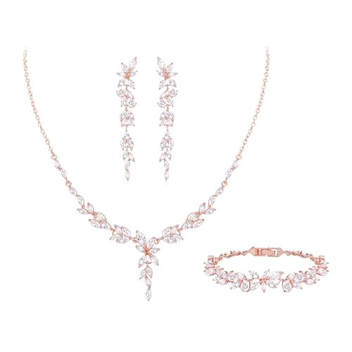 Crysdue Wedding Jewelry Set for Brides Bridesmaid, Cubic Zirconia Teardrop Marquise Leaf Cluster Pendant Necklace Bridal Tennis Bracelet Drop Earrings for Women Party Prom - style: C- Marquise CZ-rose gold