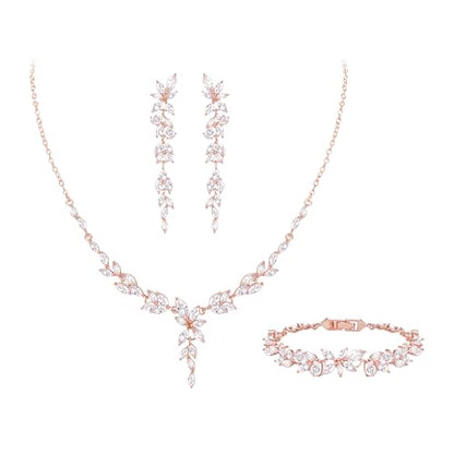 Crysdue Wedding Jewelry Set for Brides Bridesmaid, Cubic Zirconia Teardrop Marquise Leaf Cluster Pendant Necklace Bridal Tennis Bracelet Drop Earrings for Women Party Prom - style: C- Marquise CZ-rose gold