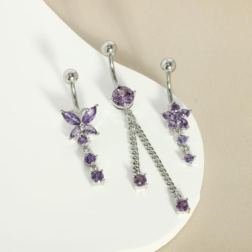 TIANCI FBYJS Surgical Stainless Steel Dangle Belly Button Rings for Women Belly Ring Dangling Piercing Jewelry with Heart Flower Butterfly Silver 14G - color: purple
