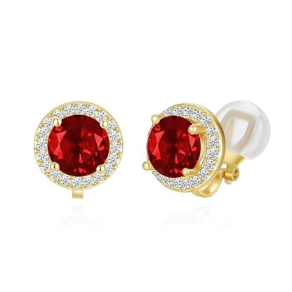 YOQUCOL 8MM Cubic Zirconia Crystal Clip On Stud Earrings Round Non Pierced Earrings for Women - color: Gold-Red