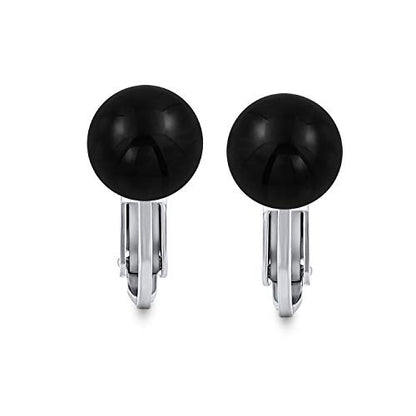 Classic Genuine Birthstone Ball Clip On Earrings .925 Sterling Silver 8MM - color: Black