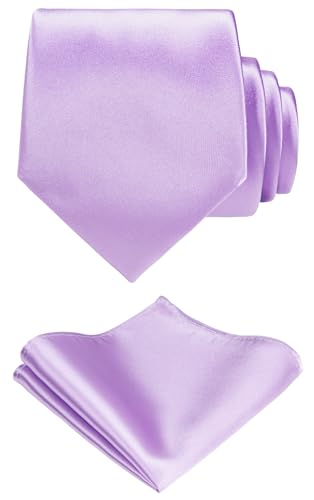 TIE G Solid Satin Woven dyed Color Formal Black Necktie and Pocket Square Sets in Gift Box - color: Lavender