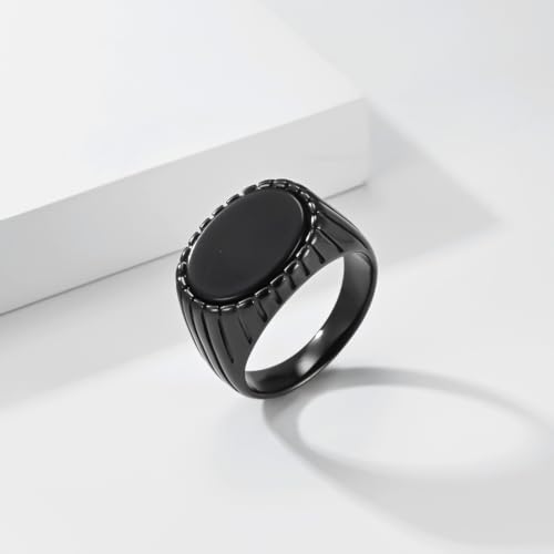 Oval Zircon Men's Grooved Signet | Retro Chunky Stainless Steel Geometric Band, Cool Industrial Statement Jewelry for Him, Biker Fashion Accessory - color: Oval Black