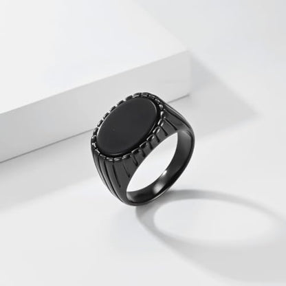 Oval Zircon Men's Grooved Signet | Retro Chunky Stainless Steel Geometric Band, Cool Industrial Statement Jewelry for Him, Biker Fashion Accessory - color: Oval Black