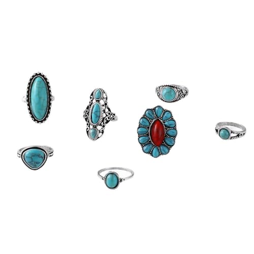 4 Pcs Bohemian Vintage Turquoise Oval Flower Rings for Women Geometric Ethnic Natural Stone Adjustable Silver Joint Knuckle Rings Western Cowgirl Statement Jewelry - color: 7 pcs silver