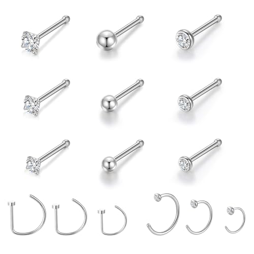 Gotumo 20G Nose Rings Titanium Nose Studs Cubic Zirconia Straight Nose Piercing Jewelry Hypoallergenic Nose Rings Studs for Women Men 6pcs set Silver - color: Silver, size: 20G Straight 15pcs