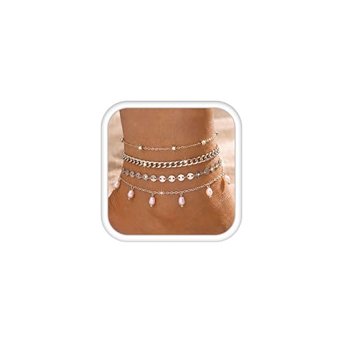 Subiceto Ankle Bracelets for Women Waterproof - 14K Gold Plated Non Tarnish Anklets Set Dainty Stainless Steel Stackable Layered for Beach Summer Jewelry Adjustable - color: 4Pcs Pearl-Silver