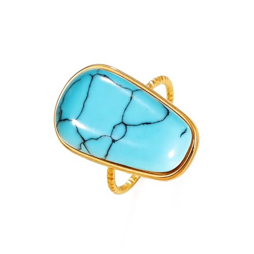OIDIMS Gemstone Statement Ring for Women Gold-Tone Stainless Steel Natural Stone Rose Quartz Aventurine Turquoise Adjustable Open Band Stacking Finger Rings Boho Cocktail Wedding Party Jewelry - color: Turquoise
