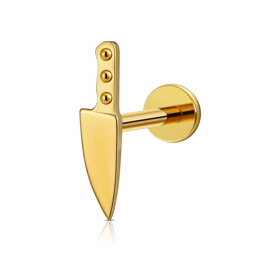 FINE4U 1PC ASTM F136 Titanium Internally Threaded Piercing Jewelry Stud 16G 6mm 8mm for Helix, Tragus, Conch, Flat - color: Knife - Gold