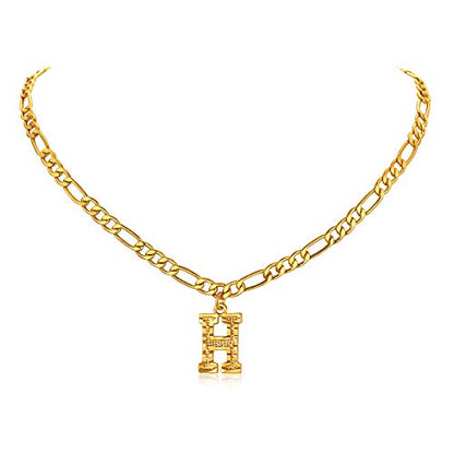 14K Gold Plated Initial Necklaces for Women Men A-Z Letter Necklaces | Figaro Chain, 16"+2" Adjustable Length, with Gift Box - style: H