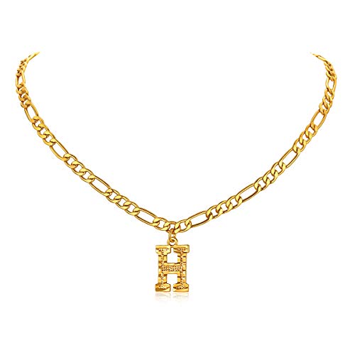 14K Gold Plated Initial Necklaces for Women Men A-Z Letter Necklaces | Figaro Chain, 16"+2" Adjustable Length, with Gift Box - style: H
