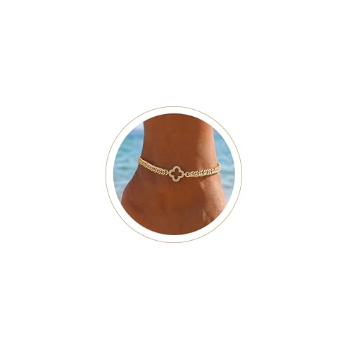 Moodear Gold Ankle Bracelets for Women Waterproof,14K Gold Plated Anklets | Waterproof, Non Tarnish Cuban Link Anklets, Trendy Jewelry Accessories for Summer Vacation, Beach Gifts for Women - style: Cuban CZ Four Clover