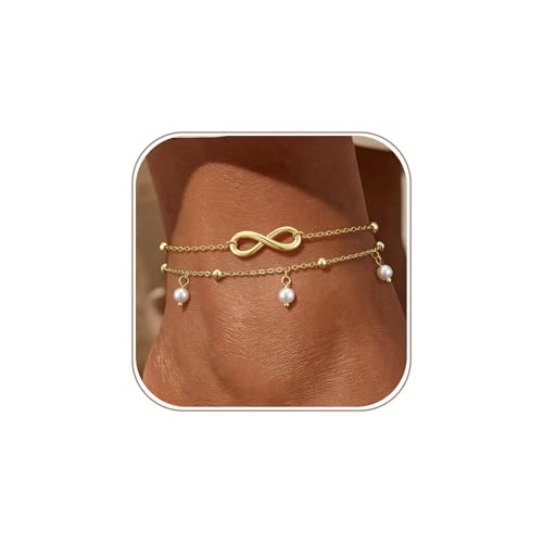 Gold Ankle Bracelets for Women, Dainty 14K Gold Plated Anklets for Women Waterproof Cuban Link Chain Pearl Anklet Set Trendy Layered Stackable Ankle Bracelet Non Tarnish Jewelry for Her - color: A0018