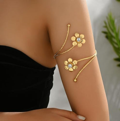ItsStarred Minimalist Arm Cuff Gold Plated, Upper Arm Cuff Bangle Bracelet for Women, Adjustable Arm band Set 6 Pieces - color: A2: Gold Plated Flower