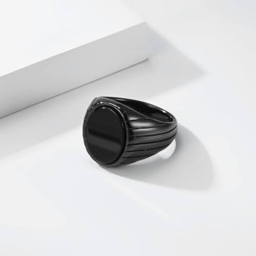 Oval Zircon Men's Grooved Signet | Retro Chunky Stainless Steel Geometric Band, Cool Industrial Statement Jewelry for Him, Biker Fashion Accessory - color: Round Black