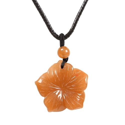 Justinstones Hand Carved Healing Crystals Gemstone Hawaii Flower Pendant Hand Weaving Wax Rope Necklace 22 inch - color: Orange Aventurine